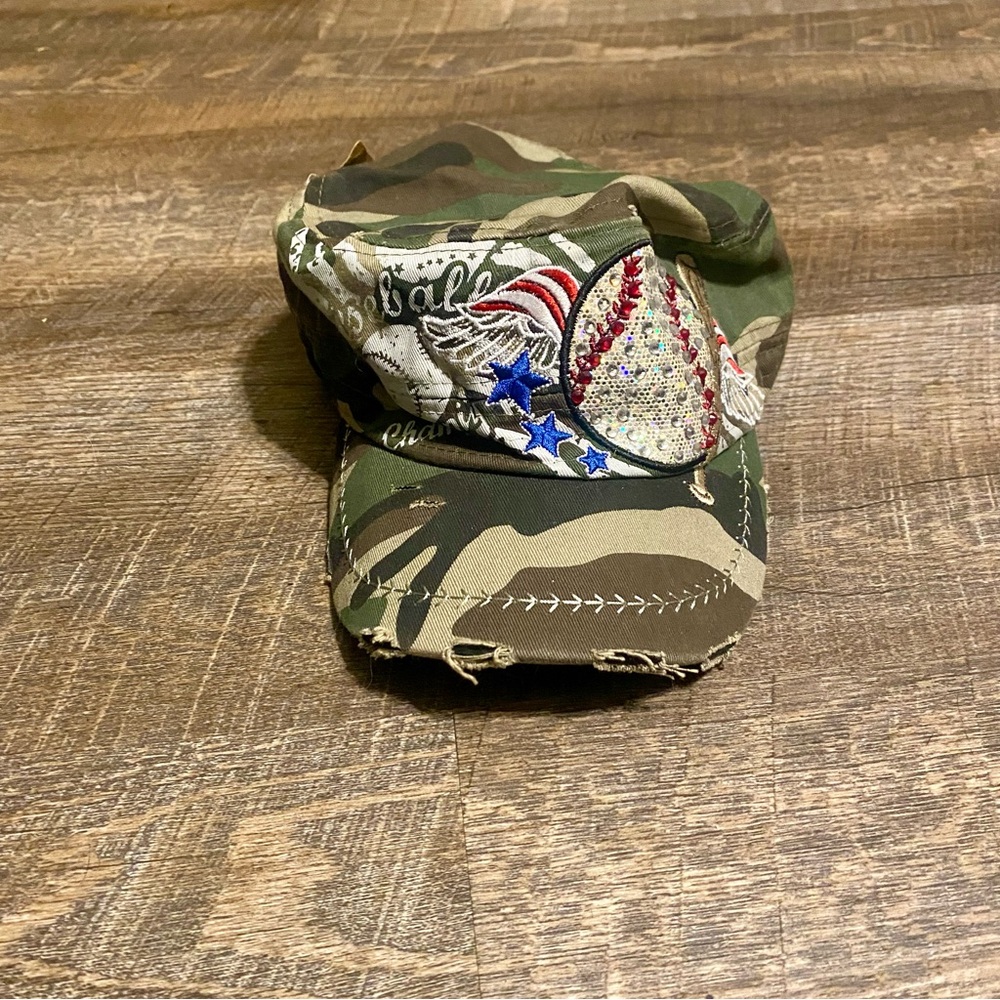 Camo Baseball Rhinestone Red White Blue Bat Hat Leader Destressed Adjustable